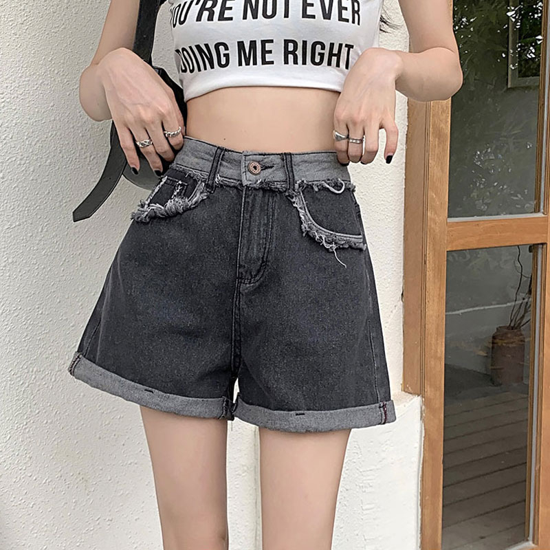 小眾撞色牛仔短褲女ins潮毛邊時尚直筒高腰闊腿卷邊a字黑灰熱褲子