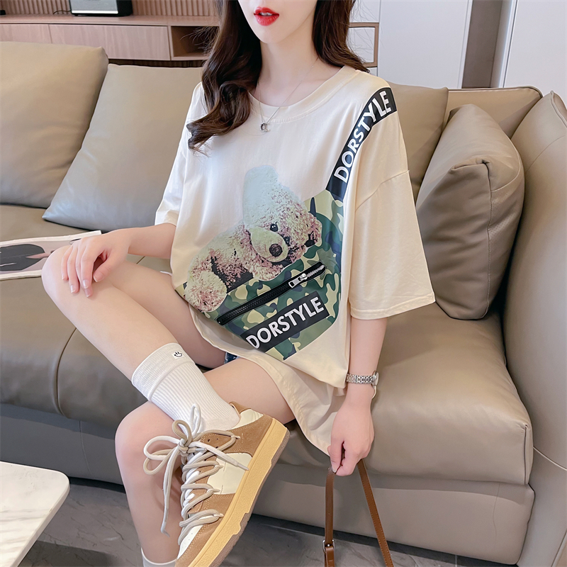 實拍 夏裝韓版寬鬆真實包包純棉後包領卡通印花大碼短袖T恤女