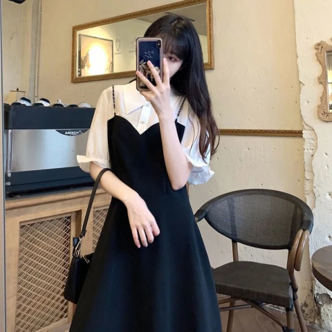 2024 Black Hepburn Style Tea Break Dress Fake Two-piece Suspender Dress