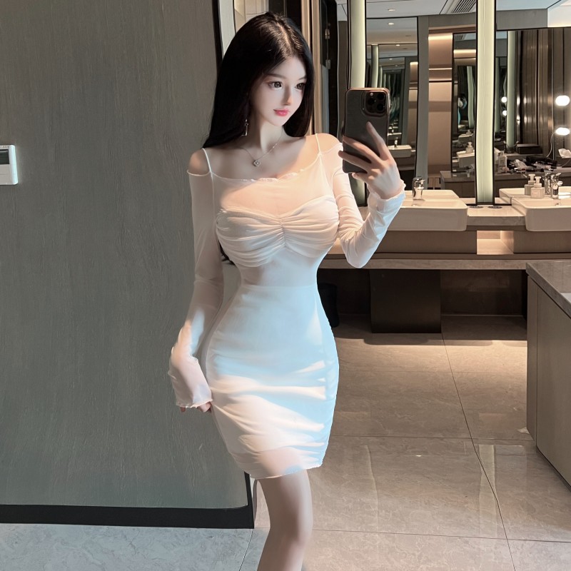 實拍~純欲長袖網紗透視秋季新款修身包臀一字領性感連衣裙女