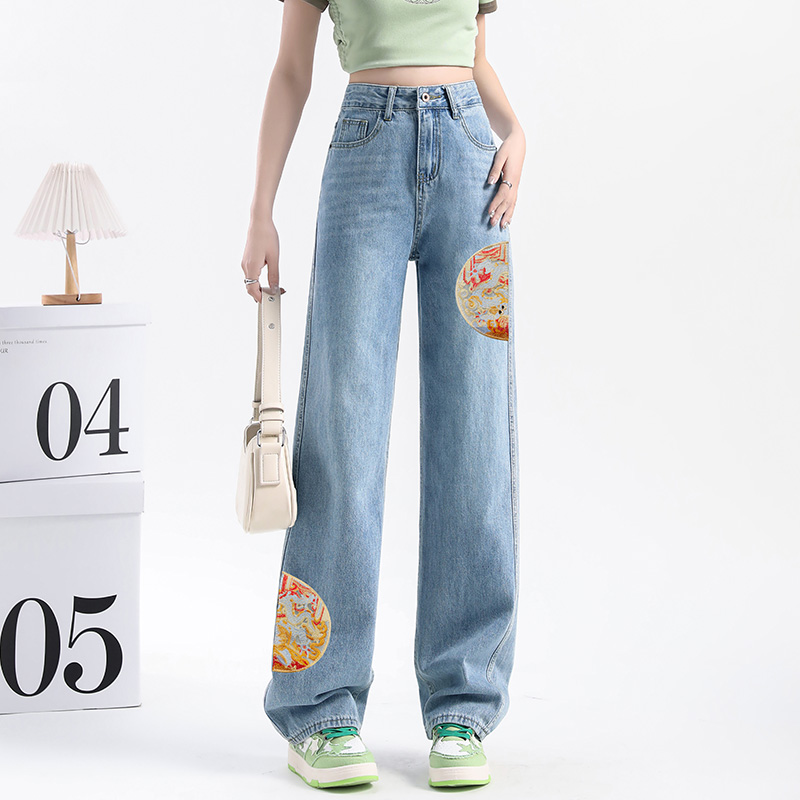 實拍新中式國風刺繡潮流闊腿褲2024新款高腰直筒褲女