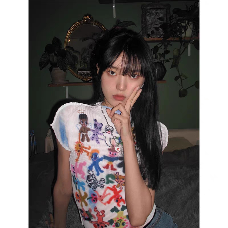 2024 Summer Short Printed Special Fabric Composite High Collar Trendy Super Slim Short Navel-Baring Short Sleeve T-Shirt for Women