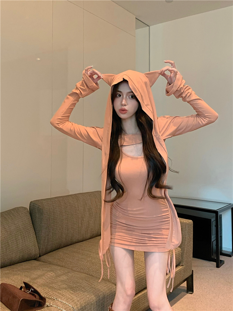 Real shot!  Little devil suit hooded knitted suspender skirt pleated drawstring slimming hip skirt