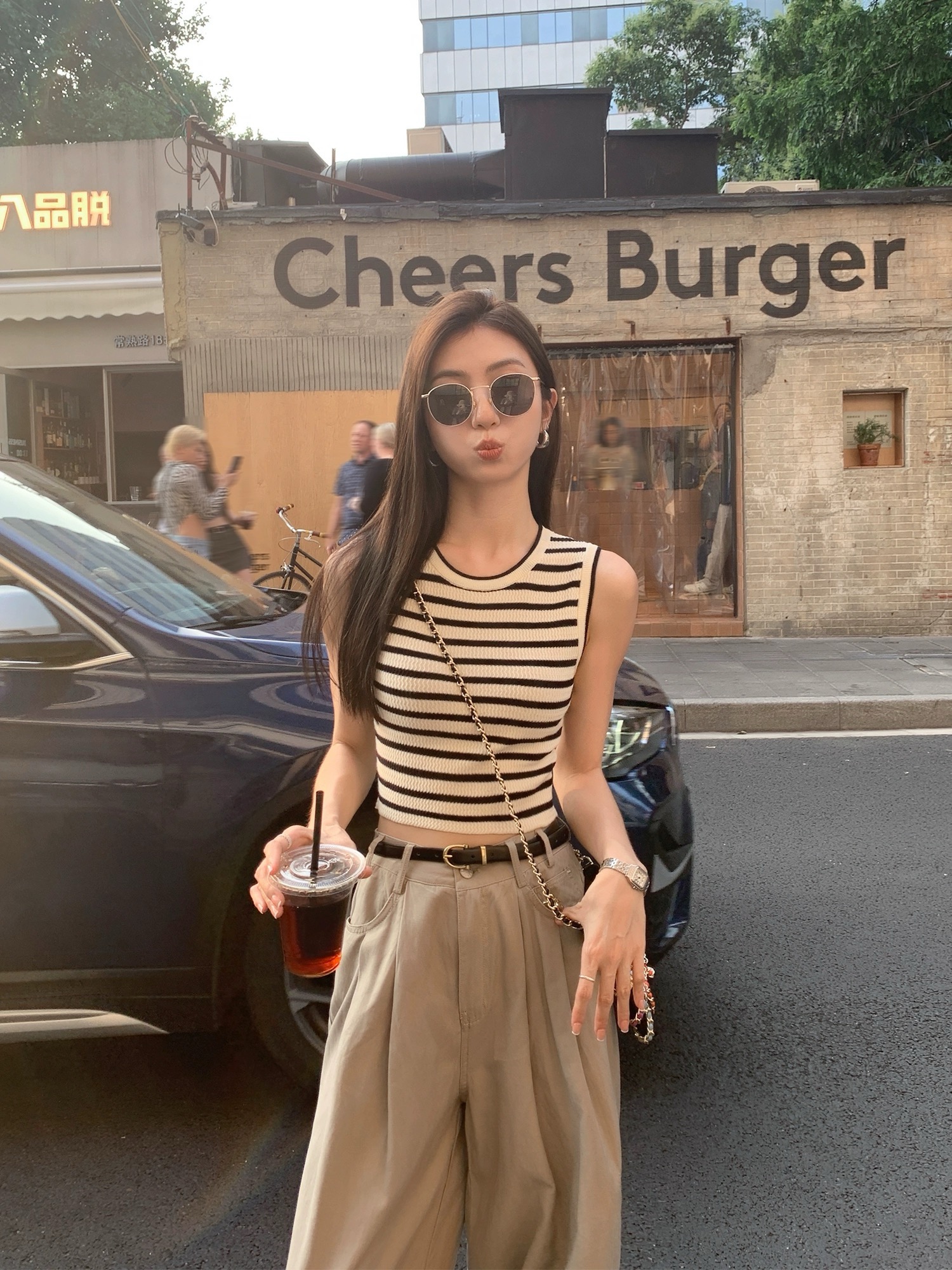 MULVAN 復古條紋背心吊帶女夏辣妹修身顯瘦短款針織無袖外穿上衣