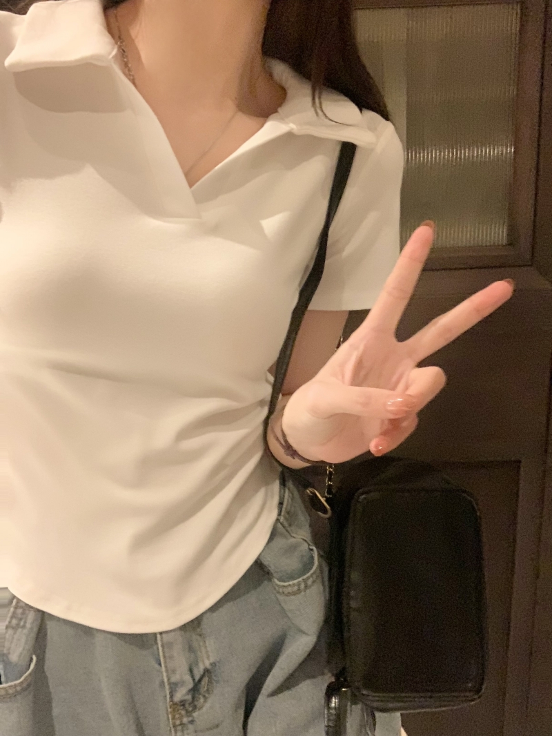 實拍  40支純棉 2024夏裝polo領短袖T恤女純色上衣