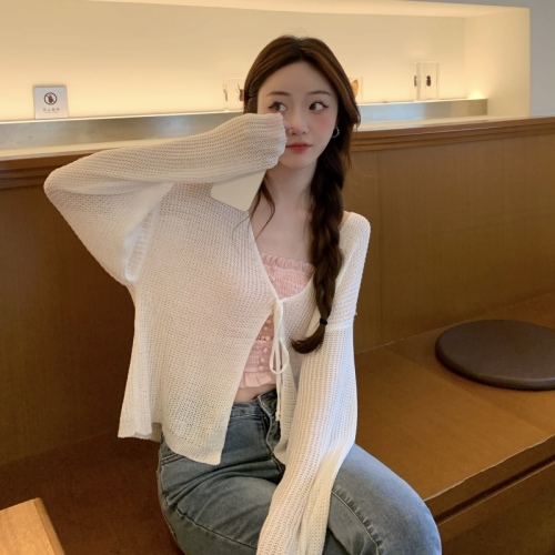 Real shot summer solid color versatile Korean style large size knitted sun protection cardigan for women spring and autumn ice silk thin sweater jacket