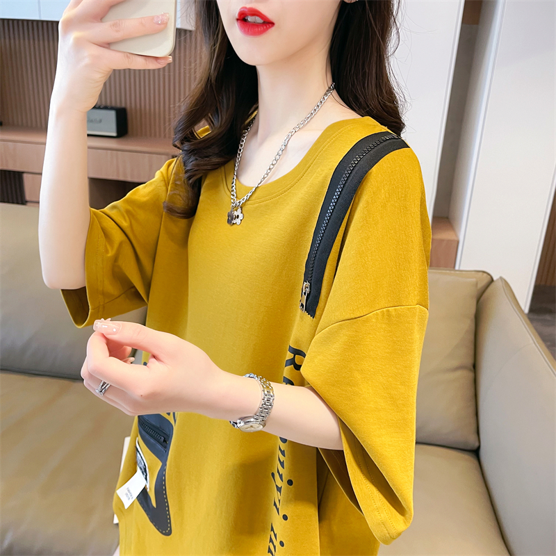 實拍 夏裝韓版寬鬆6535棉圓領口袋拉鏈字母印花大碼短袖T恤女