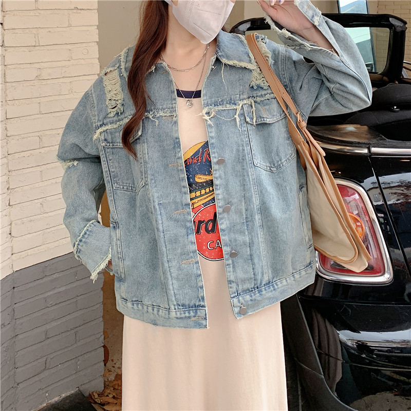 實拍大碼女裝#早秋設計感夾克工裝牛仔外套女復古破洞高級感ins潮