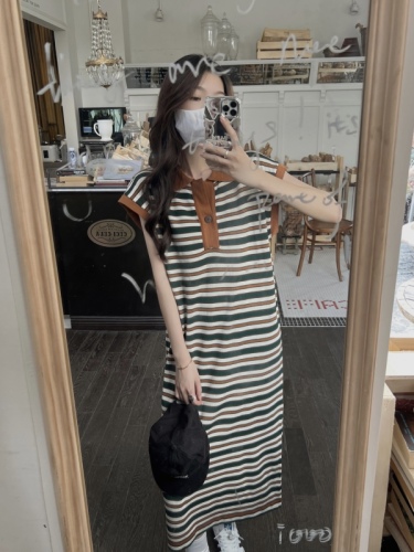 Actual shot~ Korean style simple Polo collar contrasting stripes mid-length loose casual versatile short-sleeved dress