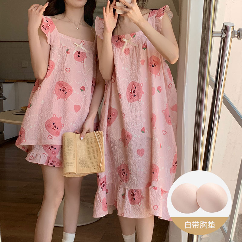 帶胸墊睡衣女夏季2024韓版新款小飛袖皺布家居服套裝甜美可愛網紅