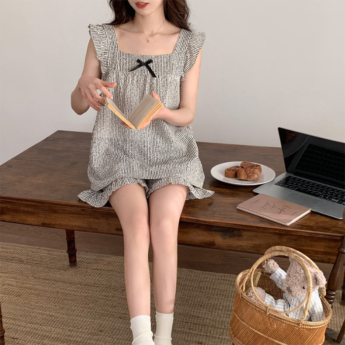 帶胸墊睡衣女夏季2024韓版新款小飛袖皺布家居服套裝甜美可愛網紅