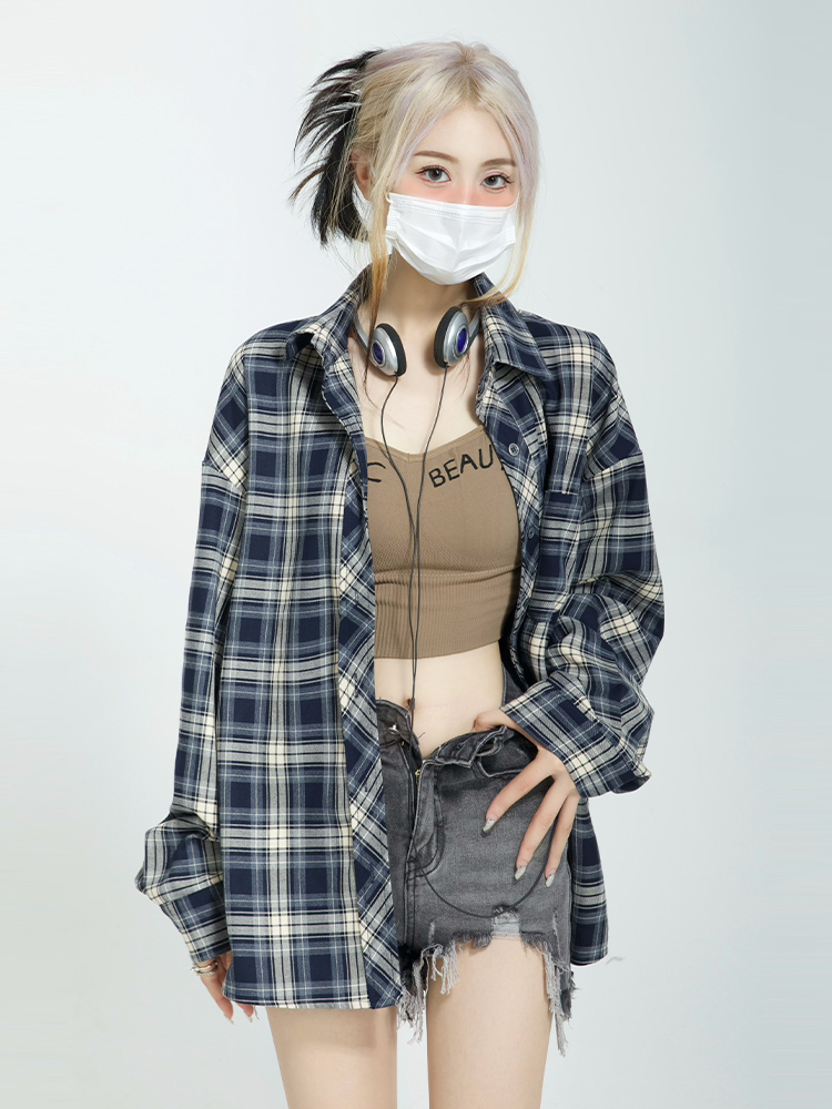 GeGe Sleepy 復古格子襯衫女外套開衫設計感寬鬆小個子防曬上衣