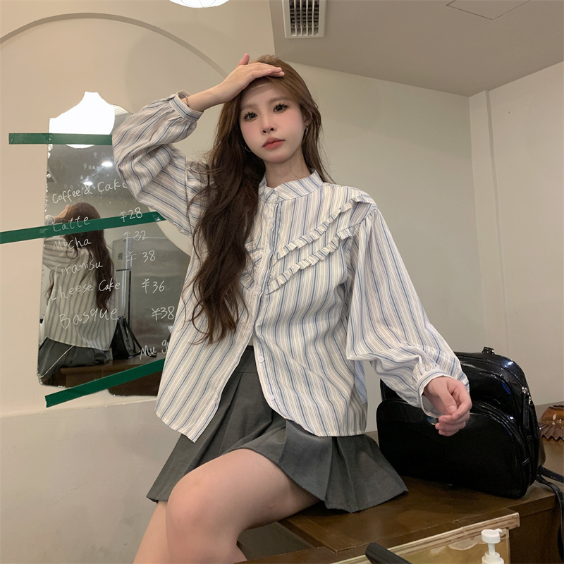 法式氣質雙層荷葉邊襯衫復古新款條紋襯衣女秋季復古寬鬆別致上衣