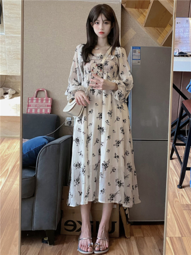 Real shot~~Flocked French niche design two-wear long-sleeved floral dress~