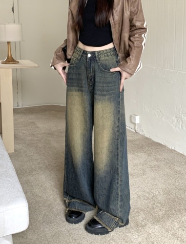 Actual shot ~ Retro distressed straight jeans for women in autumn high waisted loose raw edge wide leg floor mopping pants