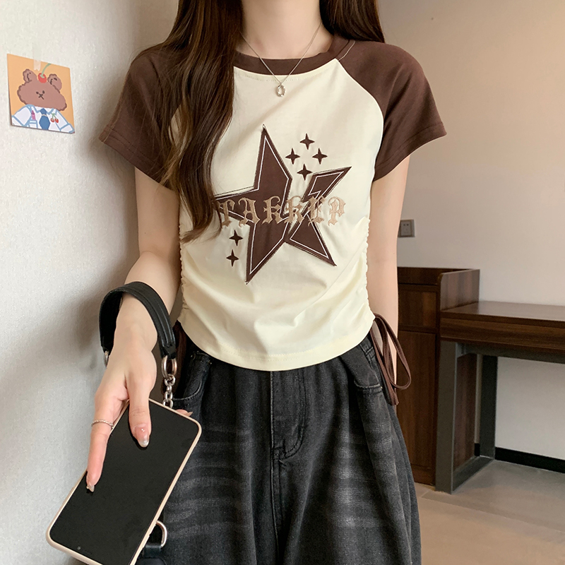 實拍廣州1*1螺紋短袖t恤女夏短款刺繡插肩袖圓領新款上衣大碼女裝