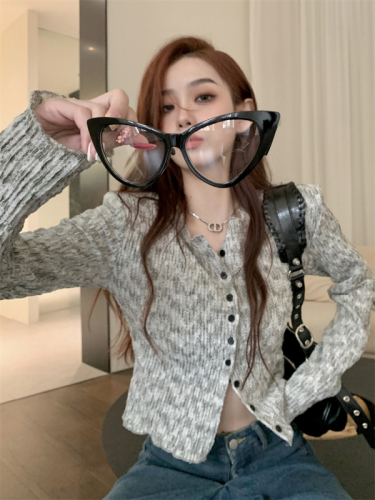 Actual shot ~ Spring Korean style simple, versatile and fashionable slim-fit pleated breasted long-sleeved knitted cardigan