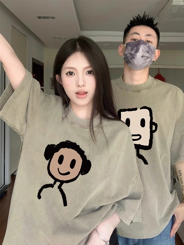 High-end 2024 new Internet celebrity trend special couple T-shirt summer pure cotton short-sleeved early spring