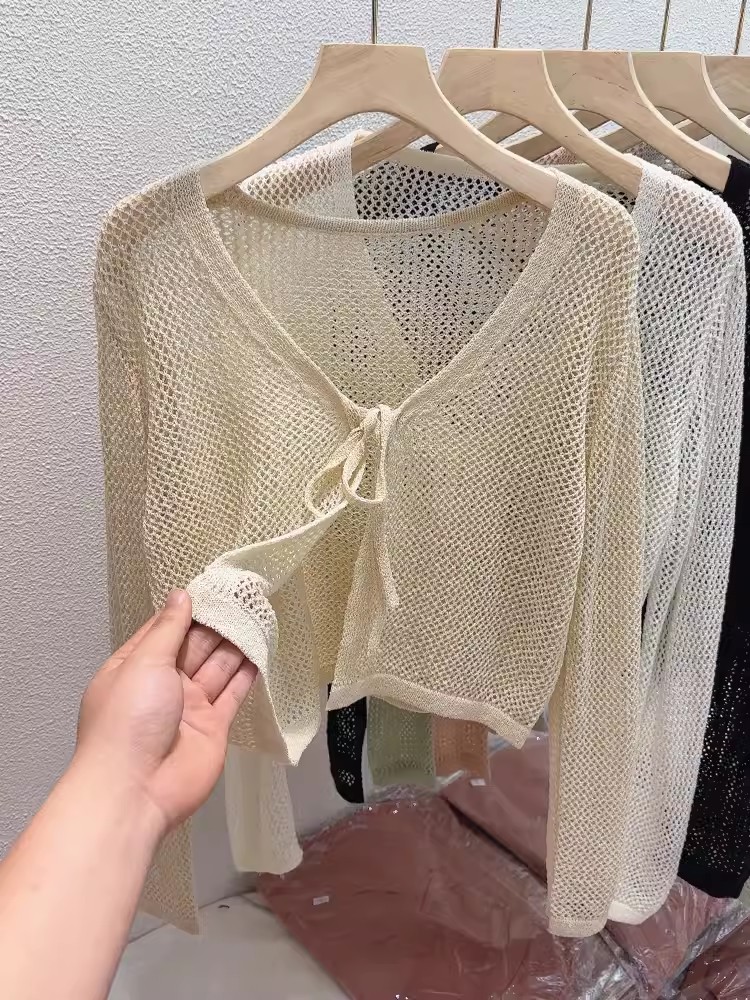 Lace-up sun protection shawl with hollow knitted cardigan spring and summer long-sleeved blouse short mesh sweater jacket top for women