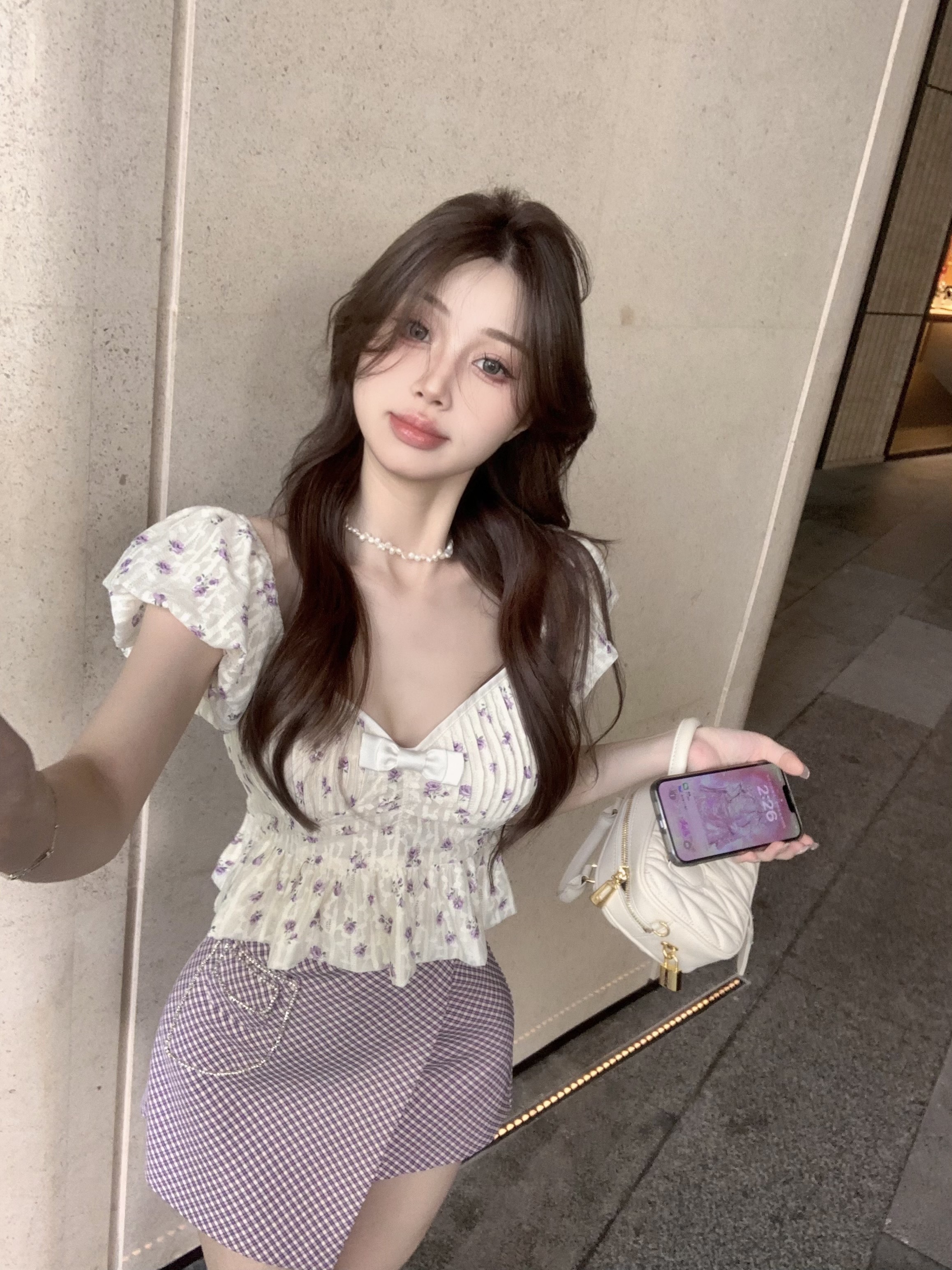 Actual shot of Ruth Wind Lavender Purple Floral Peach Heart Collar Little Princess Top + Rhinestone Pocket Slit Plaid Skirt for Women