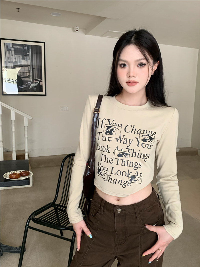 實拍  美式復古字母印花短款加厚長袖T恤