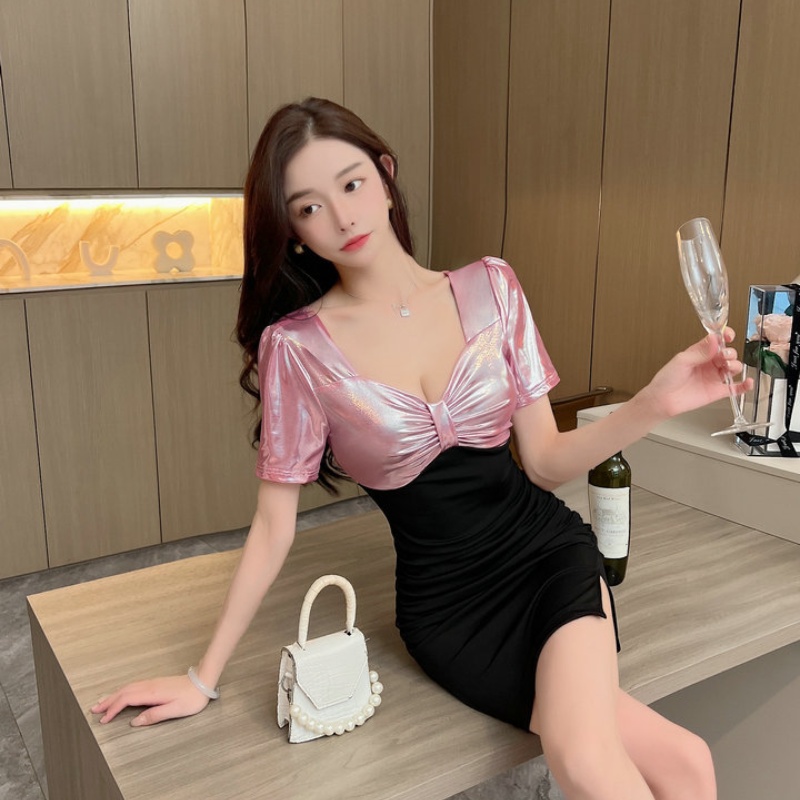 實拍 2024新款性感夜店修身顯瘦拼接V領包臀連衣裙