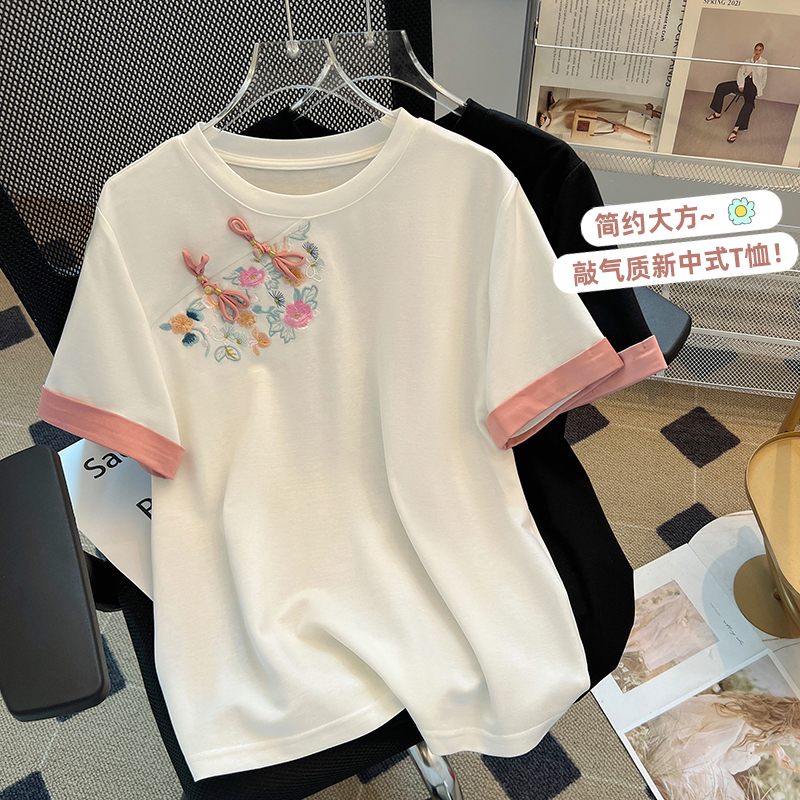 新中式國風白色短袖t恤女2024年新款夏季歐貨高級感圓領純棉上衣