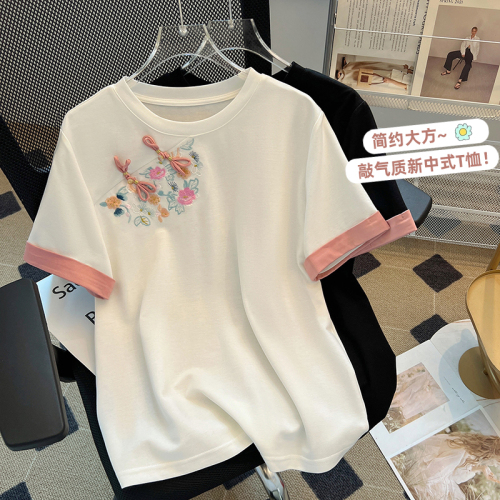 新中式国风白色短袖t恤女2024年新款夏季欧货高级感圆领纯棉上衣