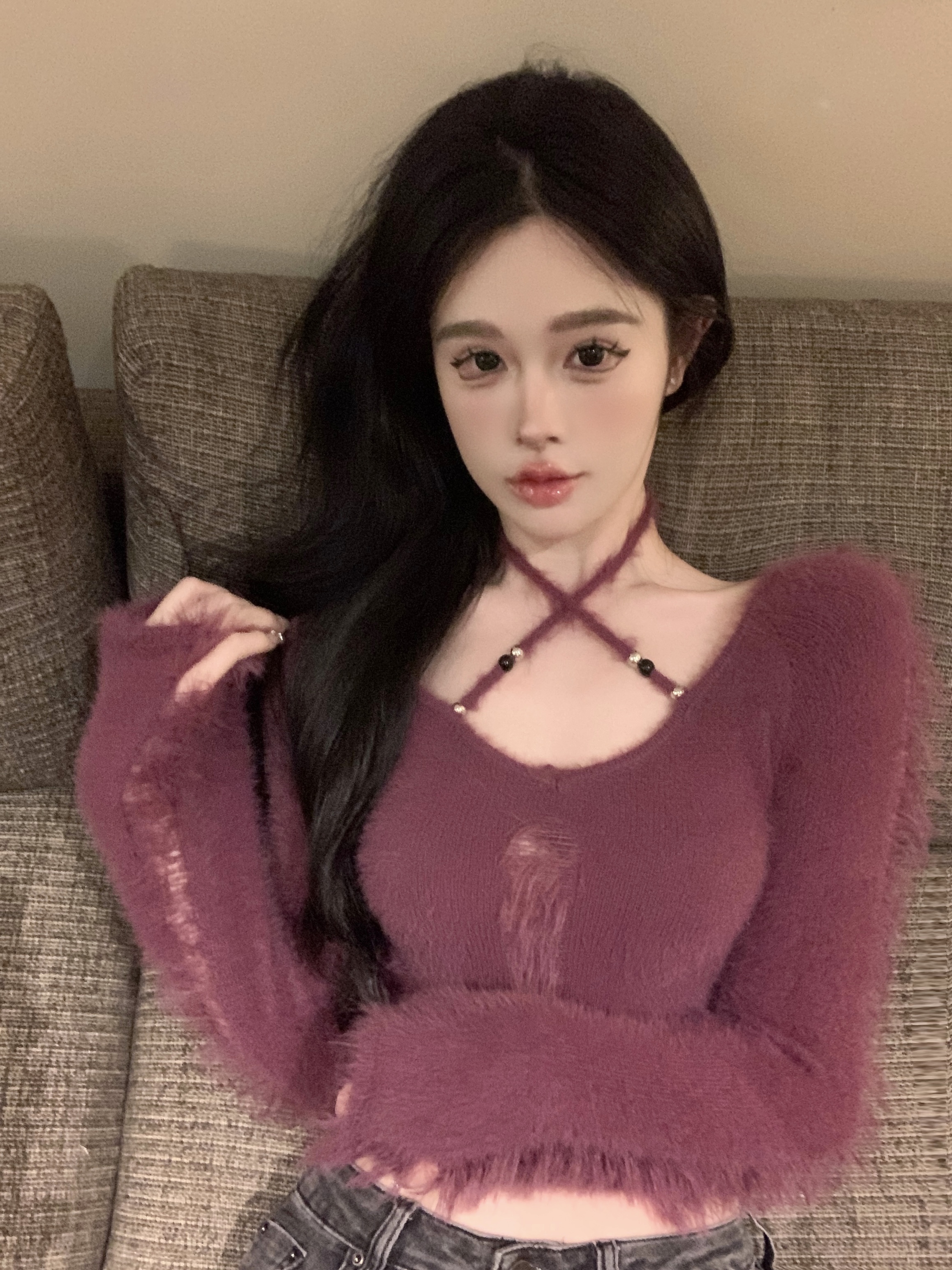 #實拍#紫色性感甜酷辣妹上衣秋冬新款氣質毛茸長袖針織衫女