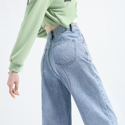 Real shot of washable drawstring high waist loose wide leg drapey straight jeans for women trendy & longer trousers spring and autumn new style
