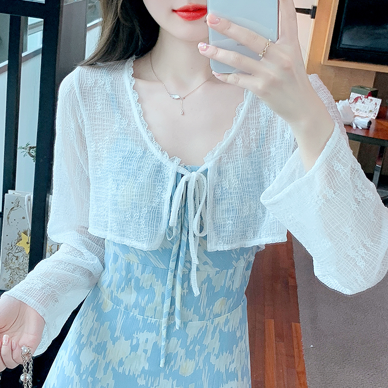 Already shipped 2024 spring and summer new style short lace-up cardigan small coat thin sun protection shirt long-sleeved women