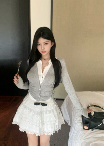 Actual shot of pure desire fake two-piece women's spring long-sleeved slimming smocked design shirt collar versatile T-shirt