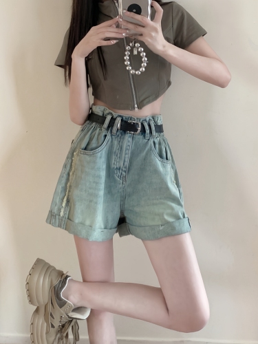 Actual shot#New high-waisted denim shorts for women with design sense of washed A-waist curled shorts