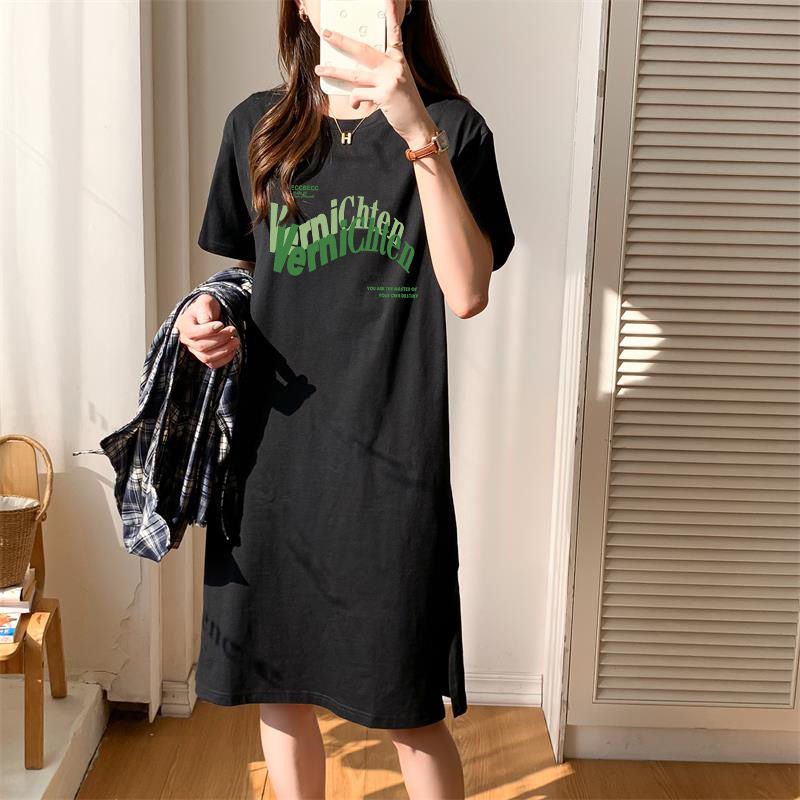 純棉短袖長裙寬鬆休閒過膝t恤裙簡約中長款連衣裙女顯瘦夏季