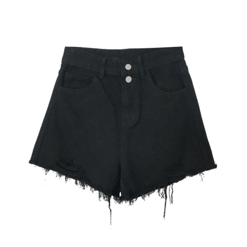 Black double-button shorts for women ins style hot girl ripped a-line summer fat mm raw edges high waist wide leg denim hot pants