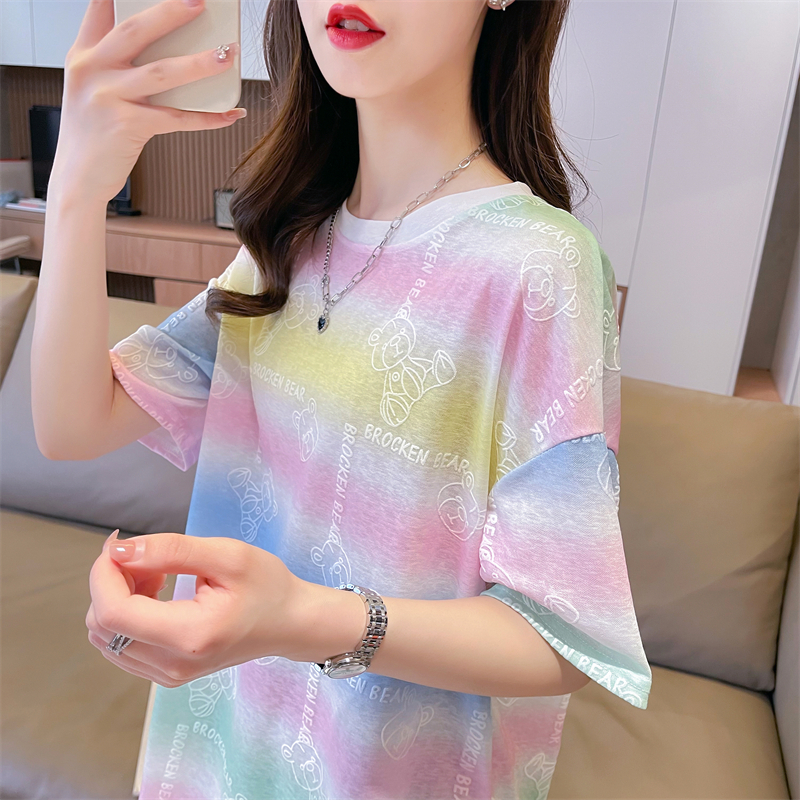 Real shot original quality summer Korean style loose round neck printed mid-length large size short-sleeved T-shirt for women