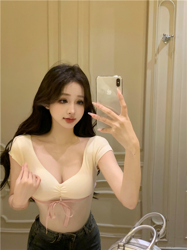 實拍 春夏季法式蝴蝶結掛脖綁帶純欲辣妹百搭T恤上衣女