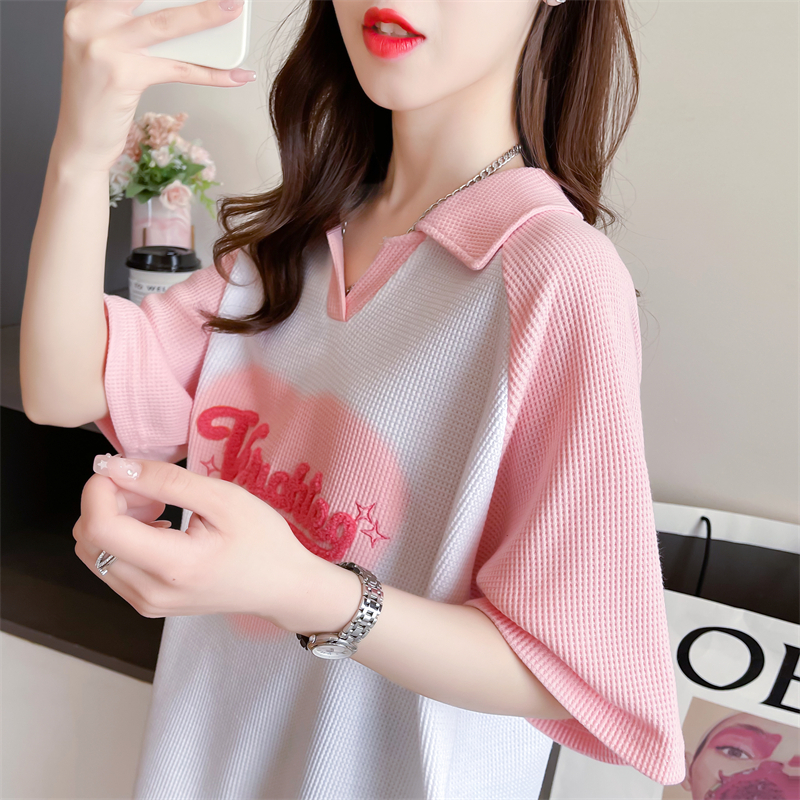 Real shot summer Korean style loose POLO collar waffle raglan sleeve cartoon print short-sleeved T-shirt for women