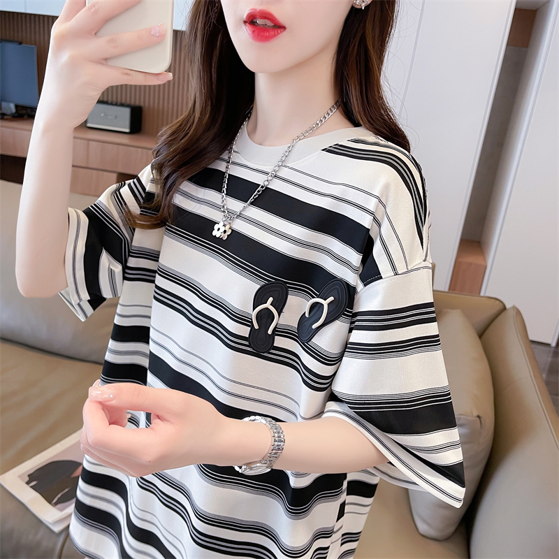 Actual shot of 2024 summer Korean style loose back bag collar striped love embroidery large size short-sleeved T-shirt for women