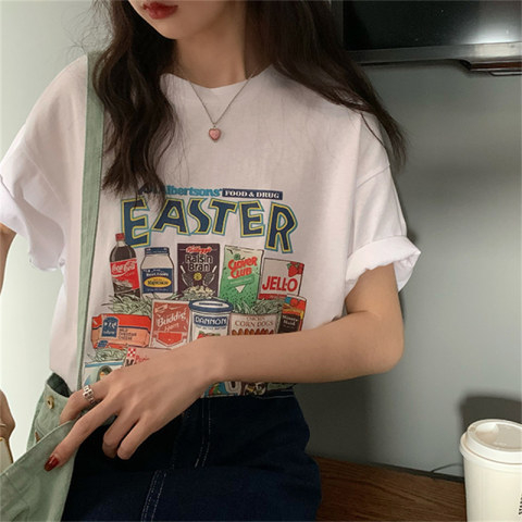 2024 summer new Hong Kong style white printed short-sleeved T-shirt loose slimming round neck thin bottoming shirt tops for women