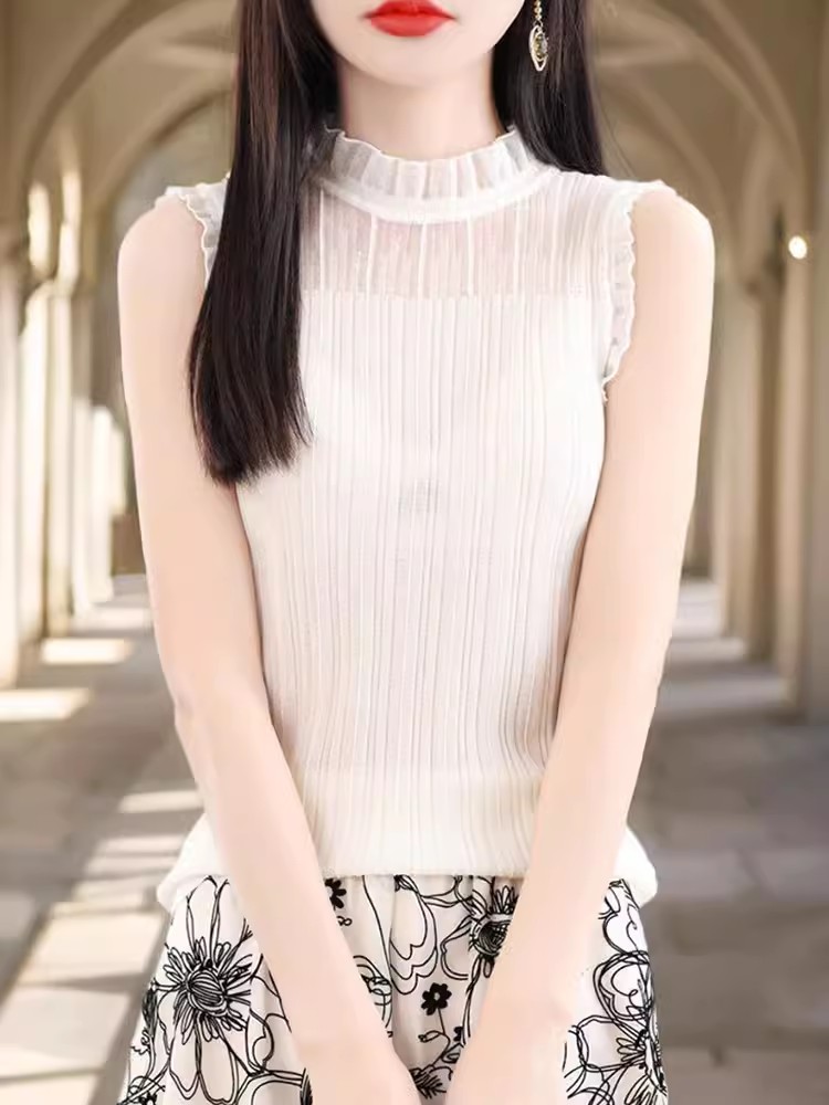 French fashion lace collar vest for women spring and autumn mesh half turtleneck bottoming shirt fake collar lace inner sleeveless top