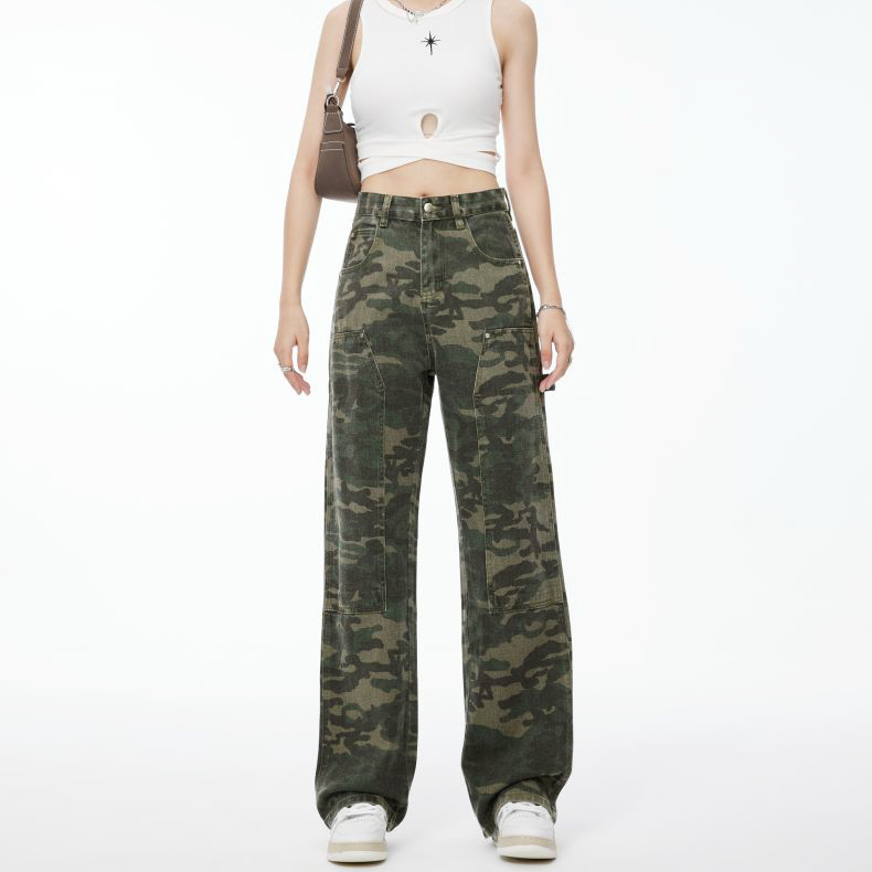 美式復古迷彩工裝牛仔褲女2024春秋新款街頭嘻哈寬鬆闊腿牛仔褲