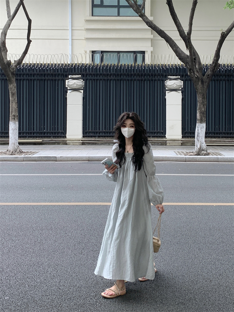 Real shot#French square collar loose slimming long skirt early spring lazy style bubble long-sleeved dress for women