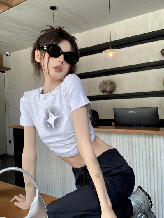 Real shot of retro hot girl American printed short-sleeved T-pleat slim fit top