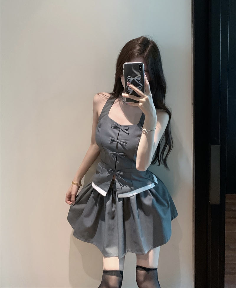 實拍 小個子蝴蝶結露背掛脖背心吊帶上衣+高腰蛋糕半身裙套裝