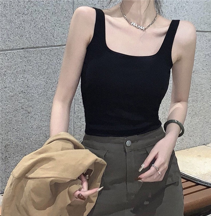 春季吊帶背心女純色方領美背帶胸墊內搭打底可外