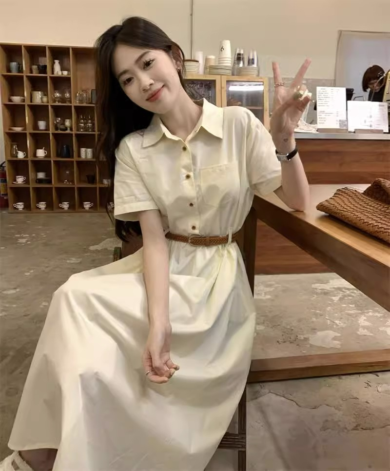 法式收腰長裙女夏季2024新款襯衫裙設計感小眾高端教資面試連衣裙