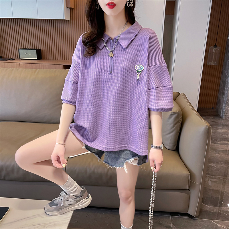 實拍 2024夏季新款韓版寬鬆華夫格POLO領貼標短款大碼短袖T恤女