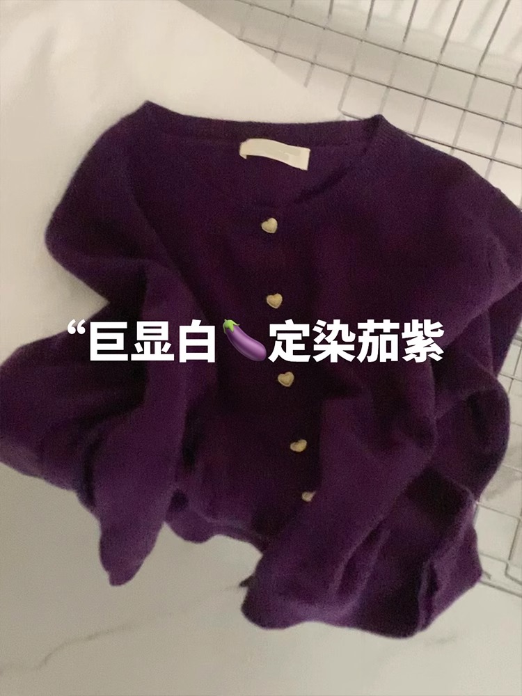 歐貨超好看葡萄紫色毛衣女2024新款秋季高級感軟糯浣熊絨開衫
