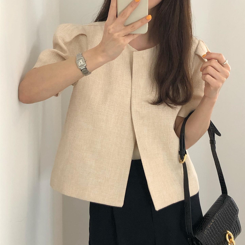 韓國chic 簡約氣質襯衫女夏季小眾圓領寬鬆兩粒扣短袖開衫上衣